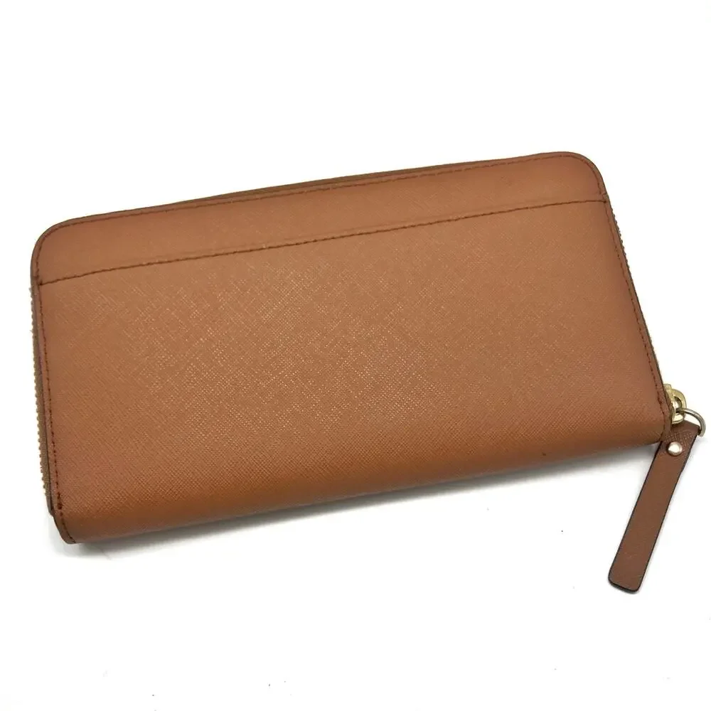 Kate Spade Cognac Saffiano Leather Zip Around Continental Wallet Gold Logo 2010s